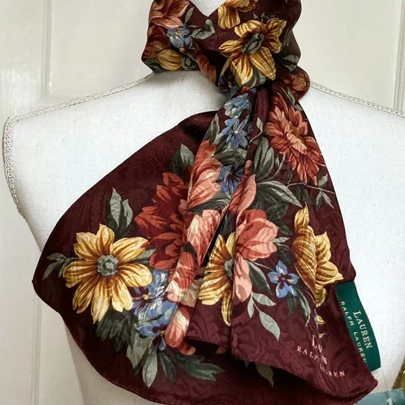 Vintage RL Wine Color Floral Silk Scarf 53L x12WNew Never Worn
